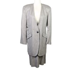 Vintage 80s Christian Dior Grey Herringbone Blazer and Skirt Suit 14